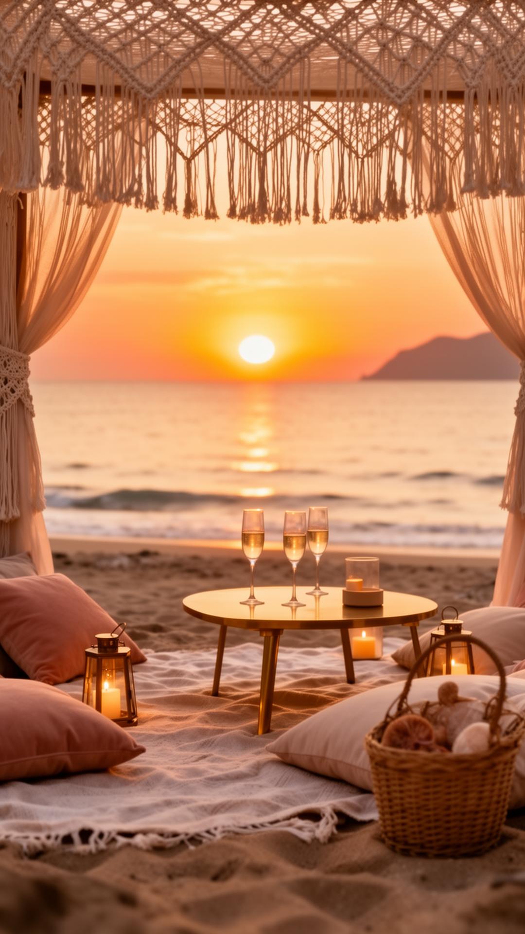 Private sunset picnic on a Zakynthos beach with macramé canopy and candle lanterns